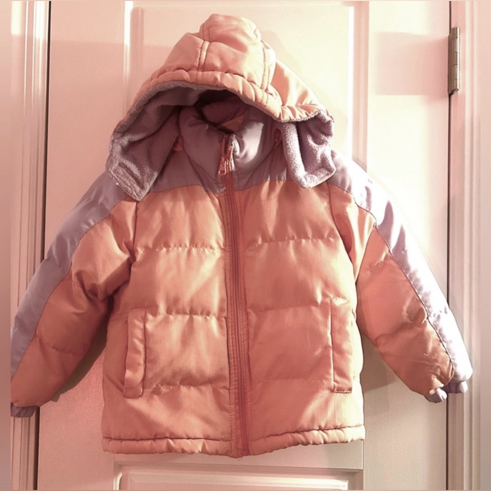 Pink and Purple Color-Block Hooded Puffer Jacket